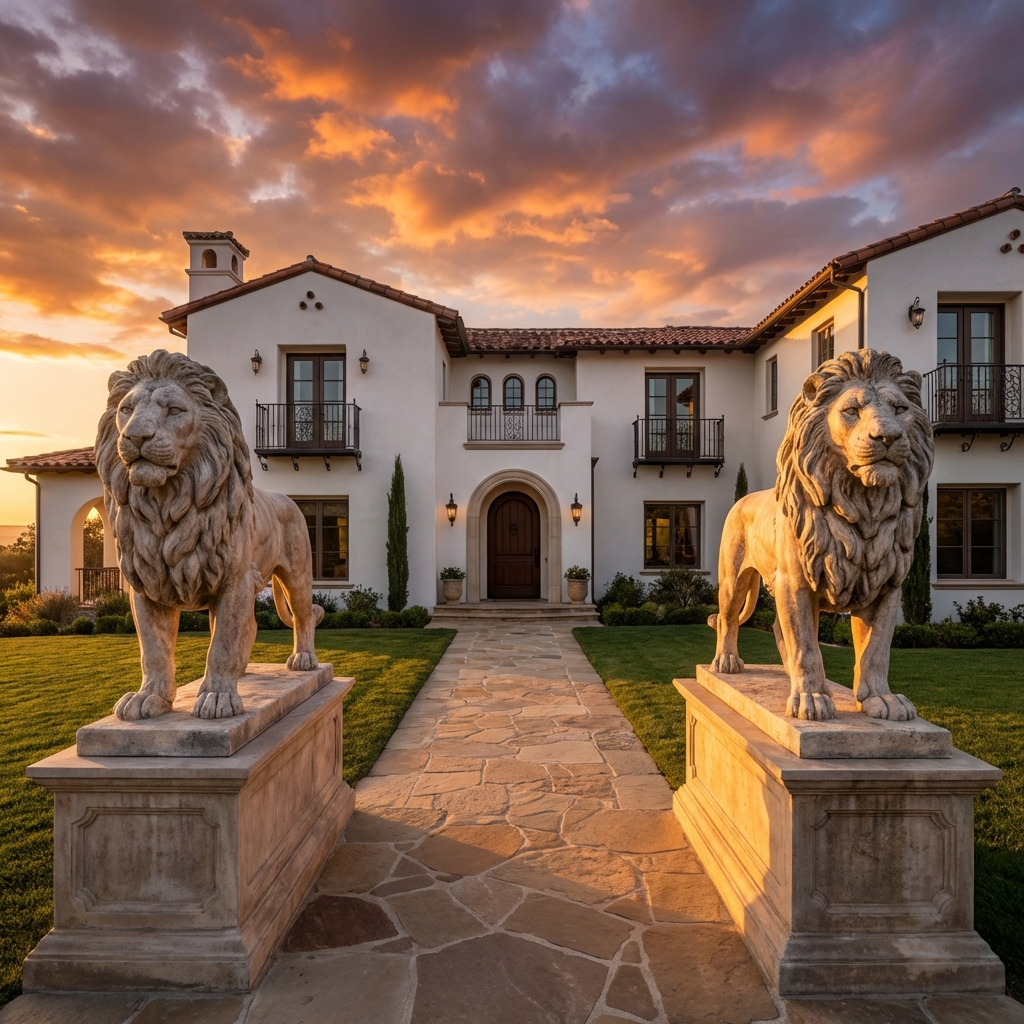 Luxury home with stone lion statues